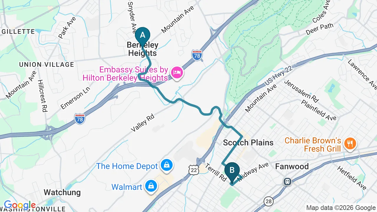 Driving route from Berkeley Heights, NJ to Fanwood Back Relief Center in Fanwood