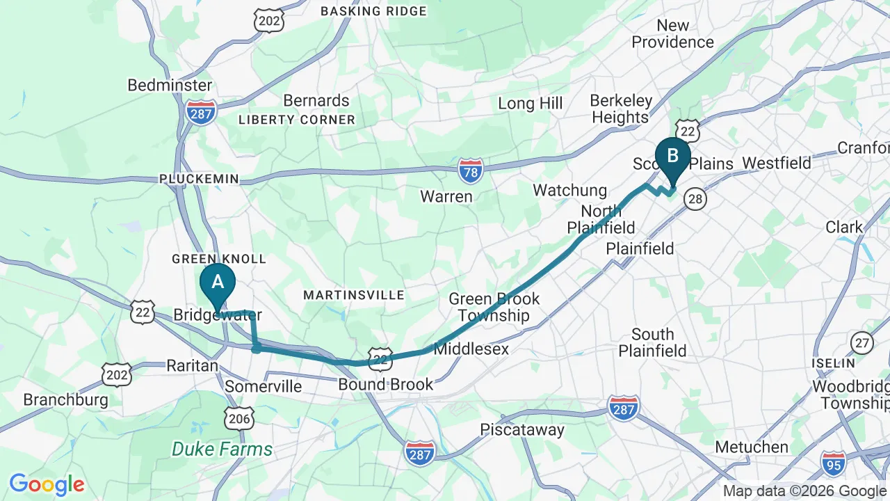 Driving route from Bridgewater, NJ to Fanwood Back Relief Center in Fanwood