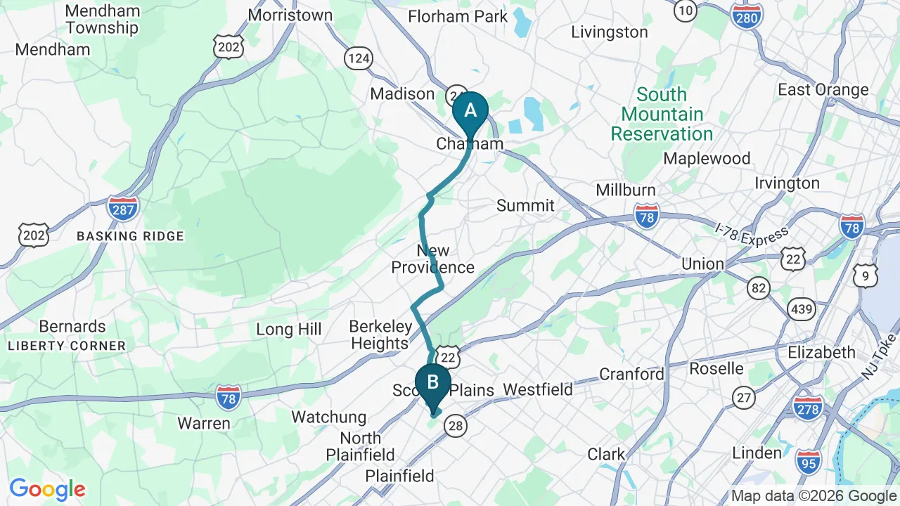 Driving route from Chatham, NJ to Fanwood Back Relief Center in Fanwood