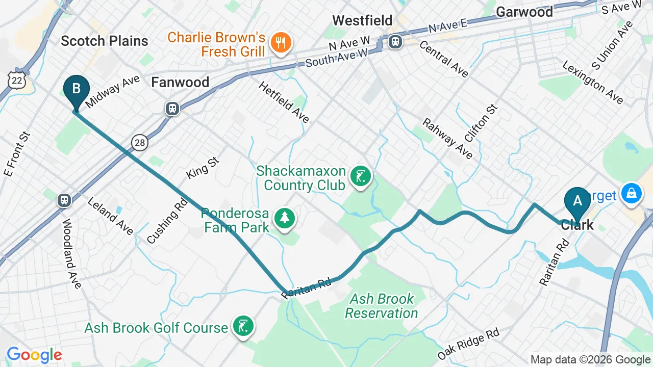 Driving route from Clark, NJ to Fanwood Back Relief Center in Fanwood
