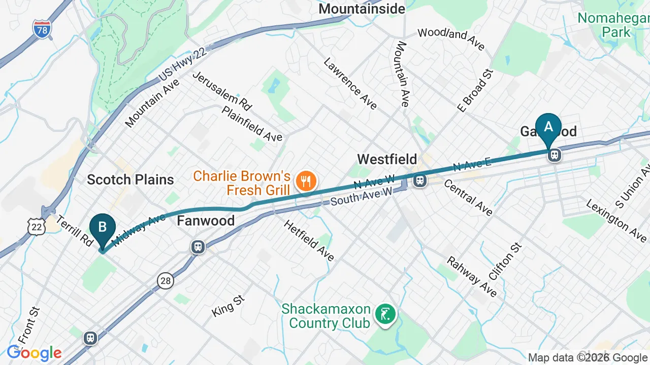 Driving route from Garwood, NJ to Fanwood Back Relief Center in Fanwood