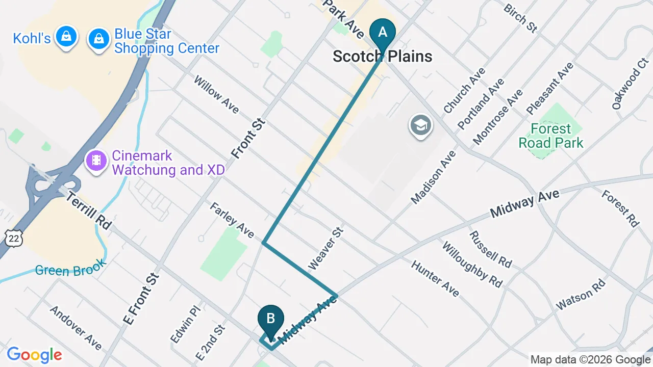 Driving route from Scotch Plains, NJ to Fanwood Back Relief Center in Fanwood